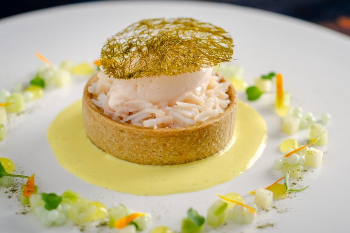 Crab Tart with Seaweed Pastry and Smoked Salmon Ice Cream