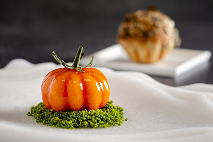 Vegetarian Goat's Cheese Mousse in Tomato Jelly with Pesto Powder