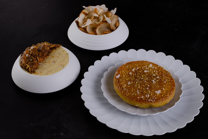 Jerusalem Artichoke Spread, Vadouvan Sweet Onion Flat Bread with Avola Almond and Pickles