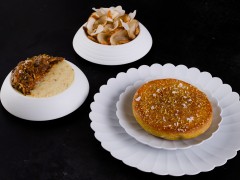 Jerusalem Artichoke Spread, Vadouvan Sweet Onion Flat Bread with Avola Almond and Pickles