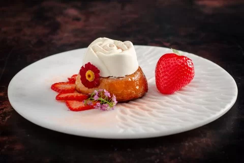Lemon and Elderflower Gin Baba with a White Chocolate Namelaka Rose and Strawberry Sorbet