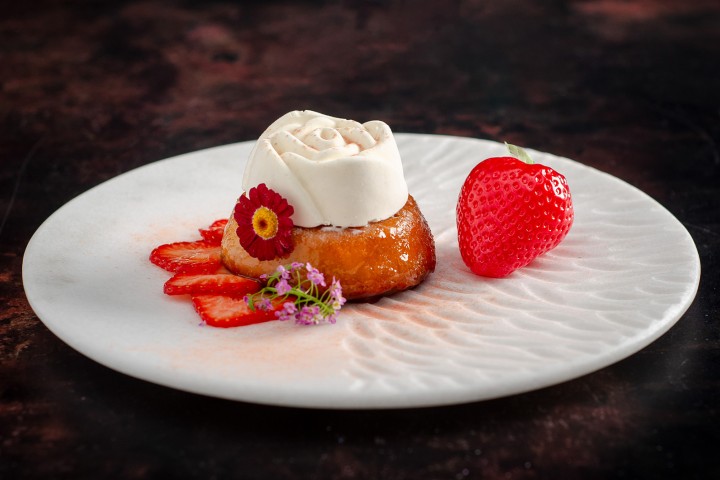 Lemon and Elderflower Gin Baba with a White Chocolate Namelaka Rose and Strawberry Sorbet