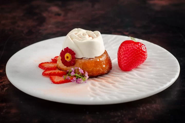 Lemon and Elderflower Gin Baba with a White Chocolate Namelaka Rose and Strawberry Sorbet Lemon and Elderflower Gin Baba with a White Chocolate Namelaka Rose and Strawberry Sorbet