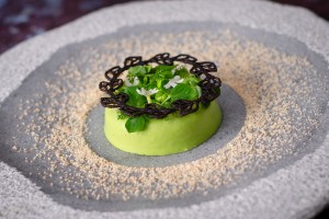 Pea Mousse with a Black Garlic Tuile and Lemon Verbena Gel Pea Mousse with a Black Garlic Tuile and Lemon Verbena Gel