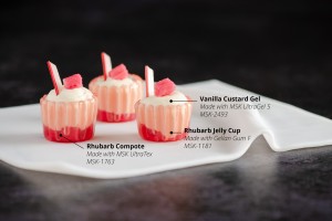 Rhubarb Jelly Cups with Rhubarb Compote and Vanilla Custard Gel Rhubarb Jelly Cups with Rhubarb Compote and Vanilla Custard Gel