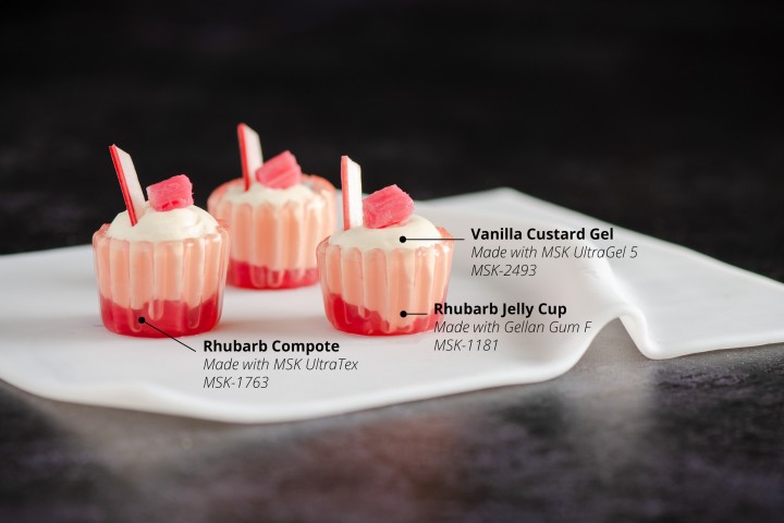 Rhubarb Jelly Cups with Rhubarb Compote and Vanilla Custard Gel