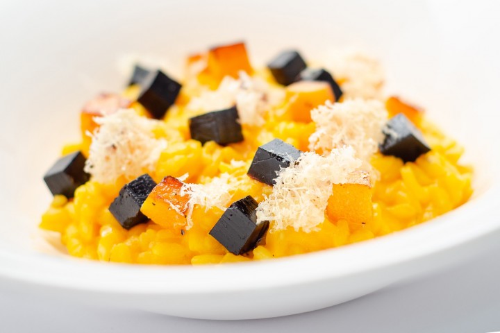 Roasted Pumpkin Risotto with Balsamic Vinegar Jelly Cubes using UltraGel 2