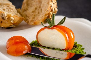 Goat's Cheese mousse coated in tomato jelly made with UltraGel