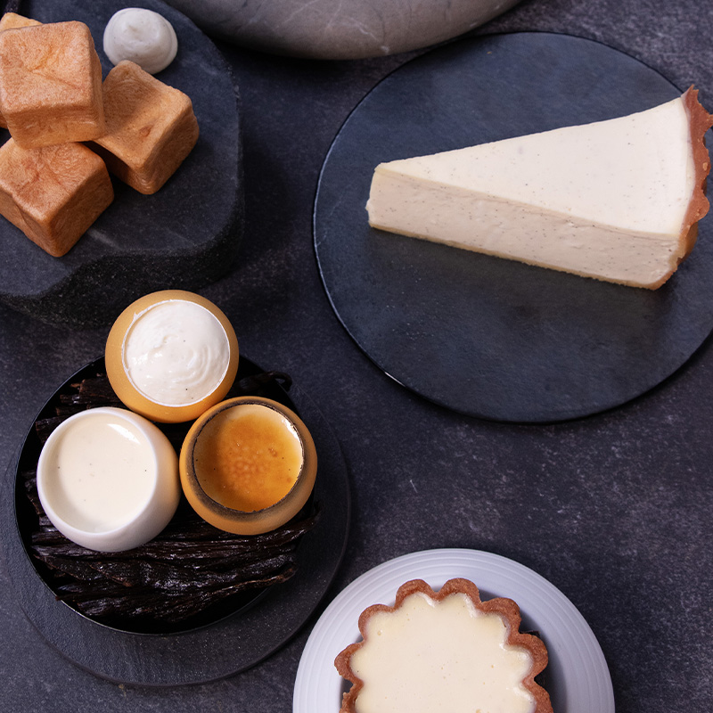 This image shows the various output options you can use the basic set custard recipe in including creme brulee, choux bun filling and custard tart