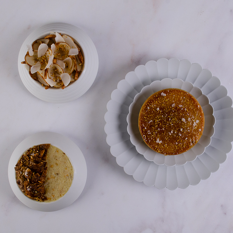 Jerusalem Artichoke Spread, Vadouvan Sweet Onion Flat Bread with Avola Almond and Pickles